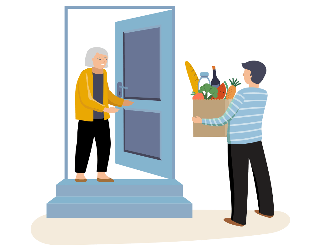 Illustration - male unpaid family carer delivering shopping to elderly female